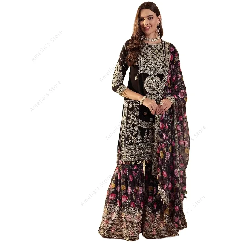 Salwar Kameez Set - Women's Vintage Indian Heavy Embroidered Georgette